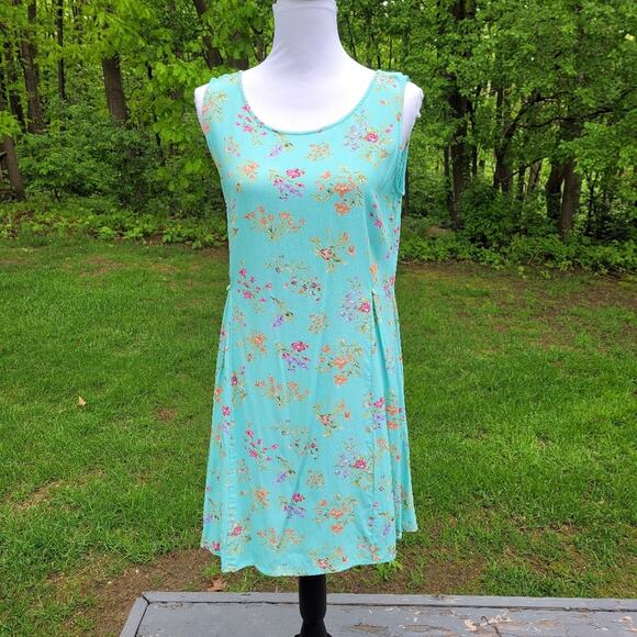 Demure Vintage Eddie Bauer Sleeveless Dusty Turquiose Floral Dress size Large - Picture 1 of 12